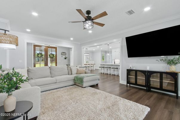 Dining room, Interior, Living room, Pendant Lights, Recessed Lighting, Wood Texture Flooring