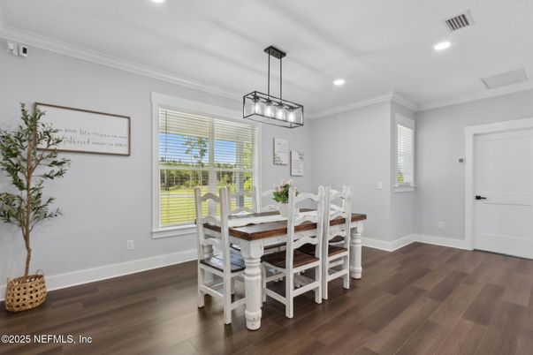 Dining room, Interior, Pendant Lights, Recessed Lighting, Wood Texture Flooring