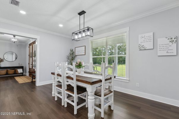 Dining room, Interior, Pendant Lights, Recessed Lighting, Wood Texture Flooring