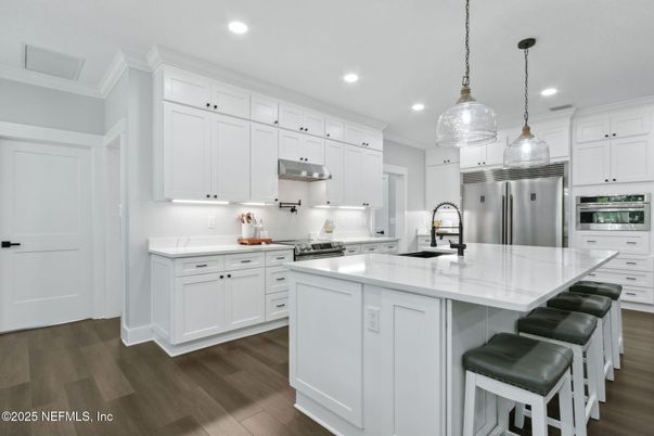Interior, Kitchen, Pendant Lights, Recessed Lighting, Stainless Steel Appliances, Wood Texture Flooring