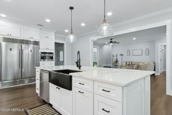 Interior, Kitchen, Pendant Lights, Recessed Lighting, Stainless Steel Appliances, Wood Texture Flooring