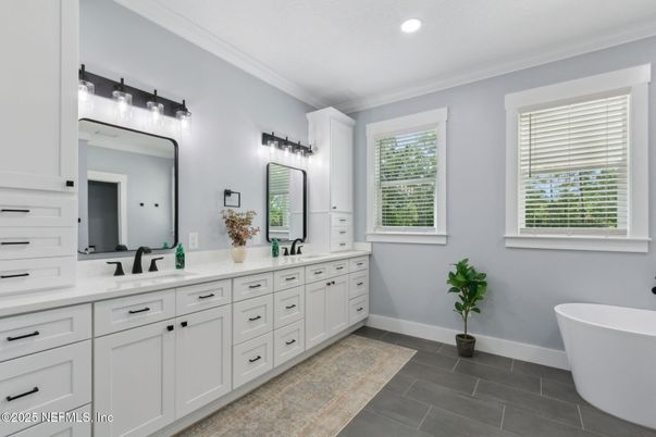 Bathroom, Dual Sink Vanities, Free Standing Baths, Interior, Recessed Lighting