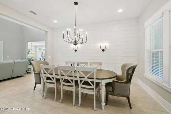 Chandelier, Dining room, Interior, Living room, Pendant Lights, Recessed Lighting, Wood Texture Flooring