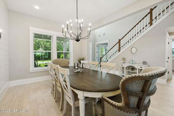 Chandelier, Dining room, Interior, Pendant Lights, Recessed Lighting, Wood Texture Flooring