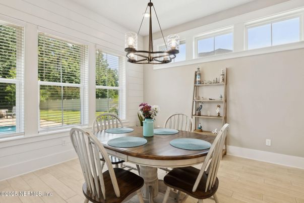 Dining room, Interior, Pendant Lights, Wood Texture Flooring