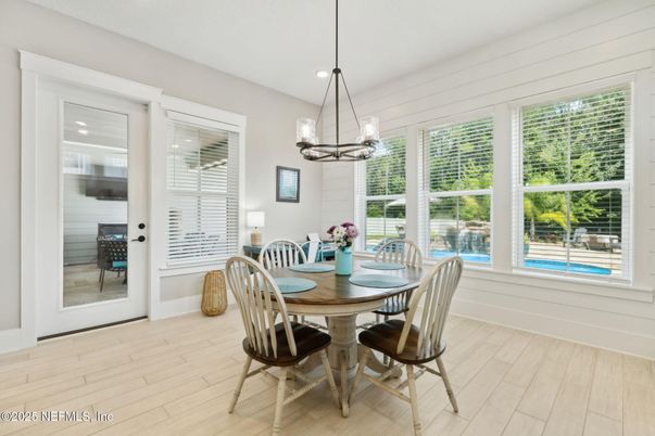 Dining room, Interior, Pendant Lights, Recessed Lighting, Wood Texture Flooring