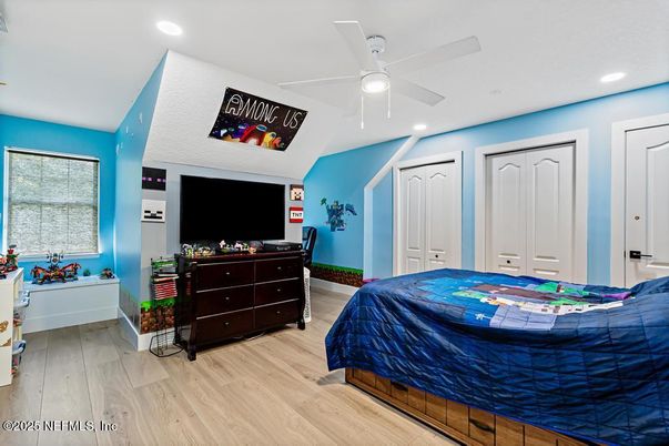 Bedroom, Interior, Recessed Lighting, Wood Texture Flooring