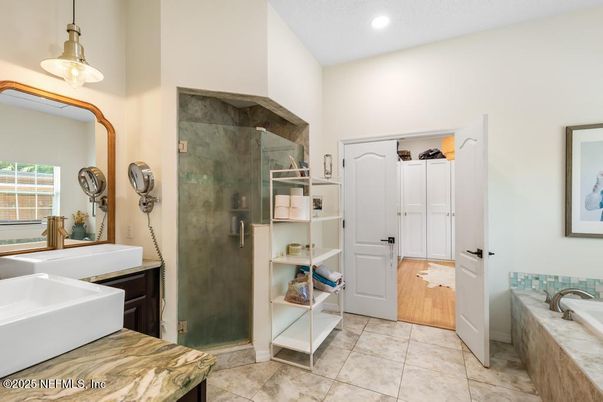 Bathroom, Glass Shower, Interior, Pendant Lights, Recessed Lighting, Wood Texture Flooring
