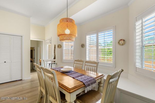 Dining room, Interior, Pendant Lights, Wood Texture Flooring