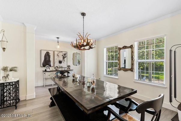 Chandelier, Dining room, Interior, Wood Texture Flooring