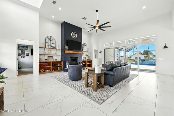 Fireplace, Interior, Living room, Marble, Recessed Lighting