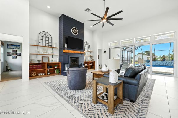 Fireplace, Interior, Living room, Marble, Recessed Lighting, Water