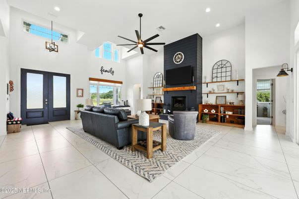 Fireplace, Interior, Living room, Marble, Pendant Lights, Recessed Lighting