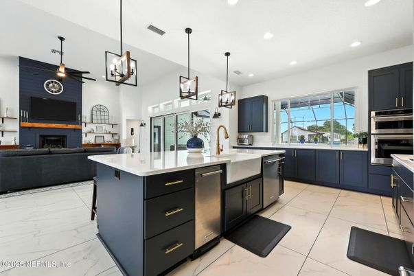 Fireplace, Interior, Kitchen, Living room, Marble, Pendant Lights, Recessed Lighting, Stainless Steel Appliances