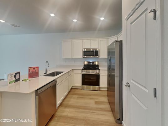 Interior, Kitchen, Recessed Lighting, Stainless Steel Appliances, Wood Texture Flooring