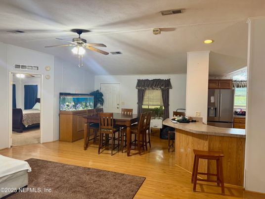 Bedroom, Dining room, Interior, Kitchen, Recessed Lighting, Wood Texture Flooring