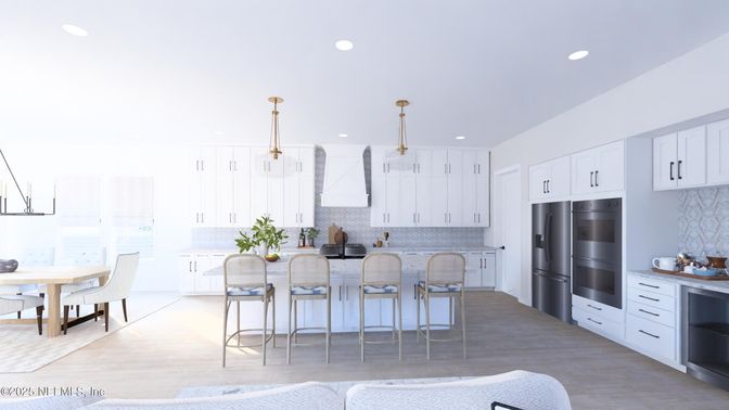 Dining room, Interior, Kitchen, Pendant Lights, Recessed Lighting, Stainless Steel Appliances, Wood Texture Flooring