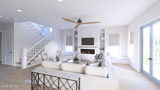 Fireplace, Interior, Living room, Recessed Lighting, Wood Texture Flooring