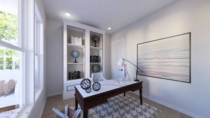 Home Office, Interior, Recessed Lighting, Wood Texture Flooring