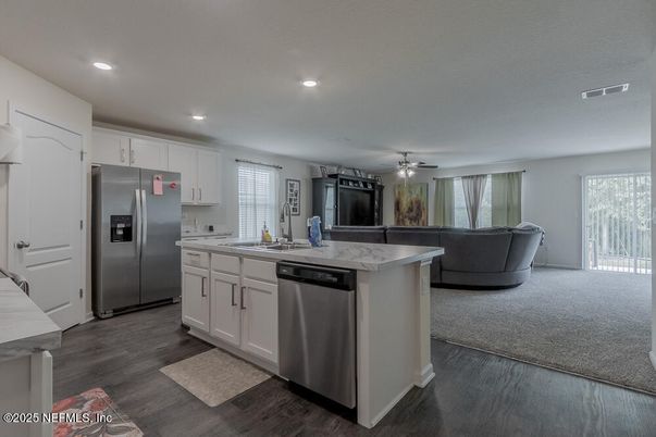 Interior, Kitchen, Living room, Recessed Lighting, Stainless Steel Appliances, Wood Texture Flooring