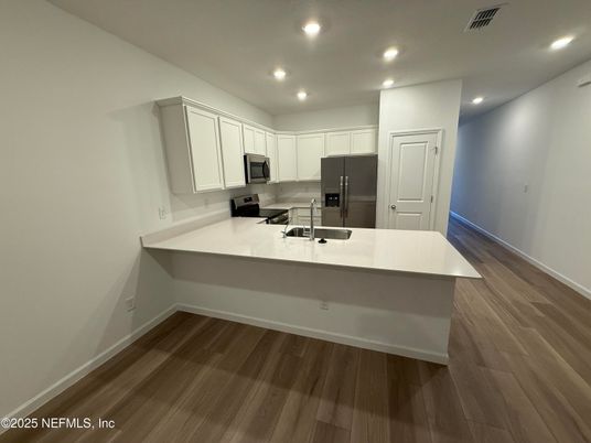 Interior, Kitchen, Recessed Lighting, Stainless Steel Appliances, Wood Texture Flooring