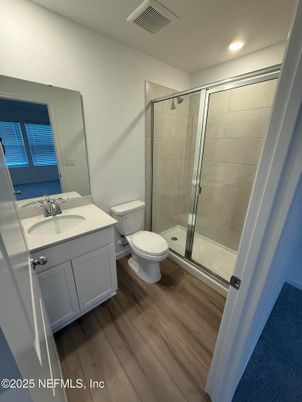 Bathroom, Glass Shower, Interior, Recessed Lighting, Wood Texture Flooring