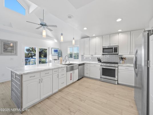 Interior, Kitchen, Pendant Lights, Recessed Lighting, Stainless Steel Appliances, Wood Texture Flooring