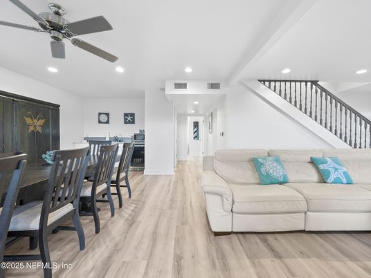 Dining room, Interior, Living room, Recessed Lighting, Wood Texture Flooring
