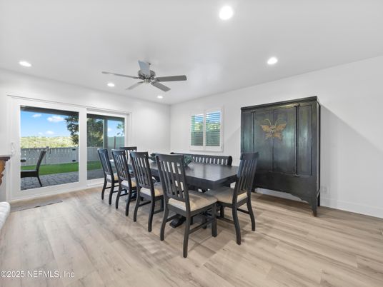 Dining room, Interior, Recessed Lighting, Wood Texture Flooring