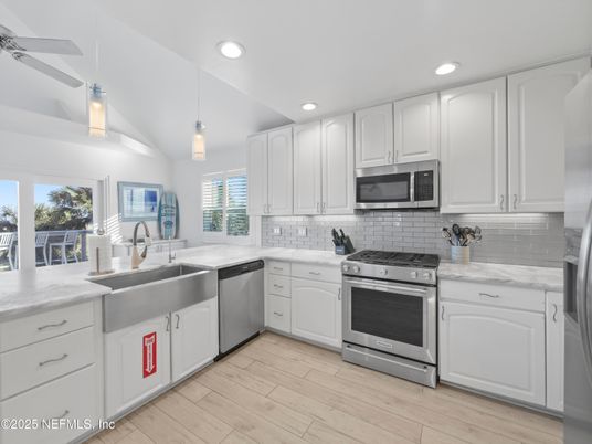 Interior, Kitchen, Pendant Lights, Recessed Lighting, Stainless Steel Appliances, Wood Texture Flooring