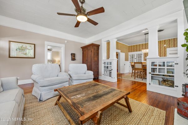Dining room, Interior, Living room, Pendant Lights, Wood Texture Flooring