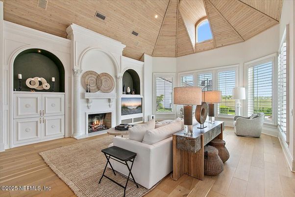 Fireplace, Interior, Living room, Recessed Lighting, Wooden Ceilings, Wood Texture Flooring