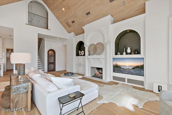 Fireplace, Interior, Living room, Recessed Lighting, Wooden Ceilings, Wood Texture Flooring
