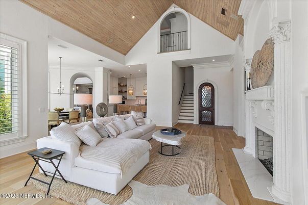 Dining room, Fireplace, Interior, Kitchen, Living room, Pendant Lights, Recessed Lighting, Wooden Ceilings, Wood Texture Flooring
