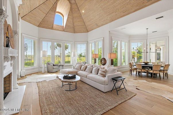 Dining room, Fireplace, Interior, Living room, Pendant Lights, Recessed Lighting, Wooden Ceilings, Wood Texture Flooring