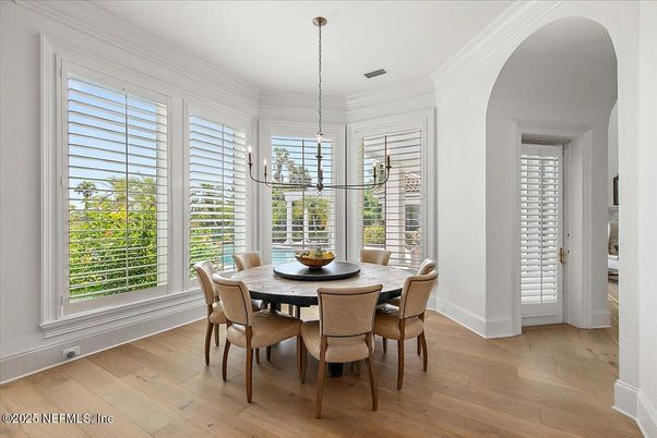 Dining room, Interior, Pendant Lights, Wood Texture Flooring