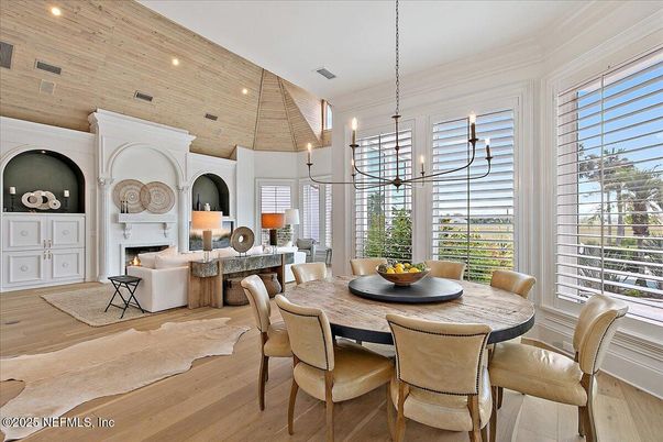 Dining room, Fireplace, Interior, Living room, Pendant Lights, Recessed Lighting, Wooden Ceilings, Wood Texture Flooring