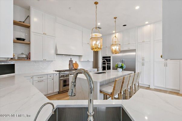 Interior, Kitchen, Pendant Lights, Recessed Lighting, Stainless Steel Appliances, Wood Texture Flooring