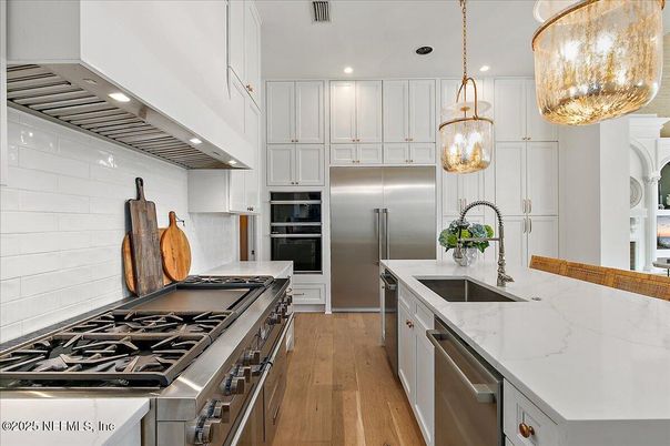 Interior, Kitchen, Pendant Lights, Recessed Lighting, Stainless Steel Appliances, Wood Texture Flooring