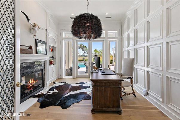 Chandelier, Fireplace, Home Office, Interior, Recessed Lighting, Wood Texture Flooring