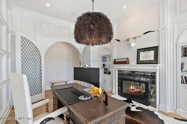 Fireplace, Home Office, Interior, Pendant Lights, Recessed Lighting, Wood Texture Flooring