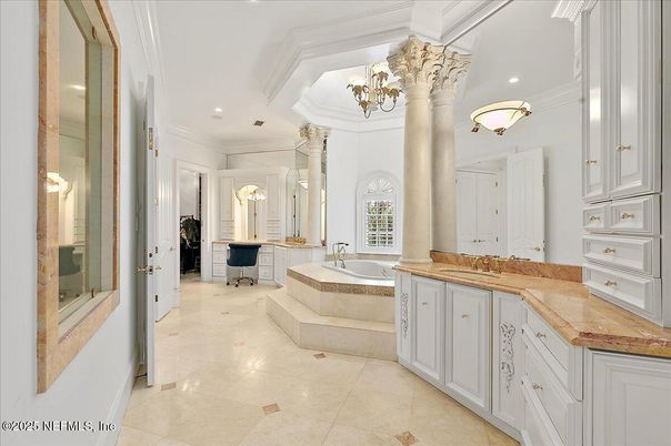 Bathroom, Chandelier, Dual Sink Vanities, Interior, Recessed Lighting