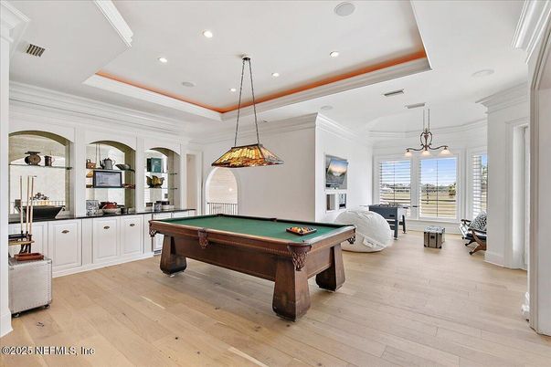 Billiard Table, Game Room, Interior, Pendant Lights, Recessed Lighting, Wood Texture Flooring