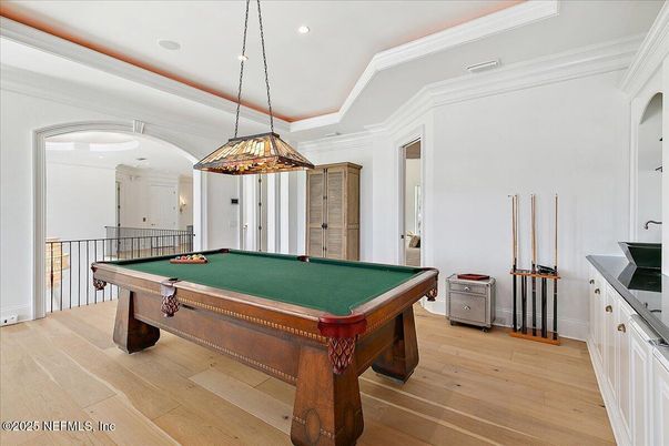 Billiard Table, Game Room, Interior, Pendant Lights, Recessed Lighting, Wood Texture Flooring