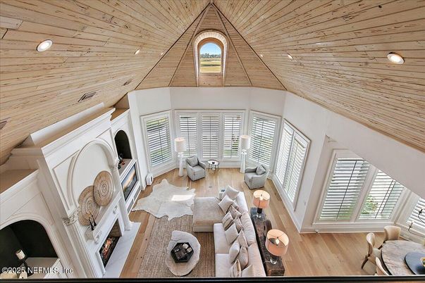 Fireplace, Interior, Living room, Recessed Lighting, Wooden Ceilings, Wood Texture Flooring