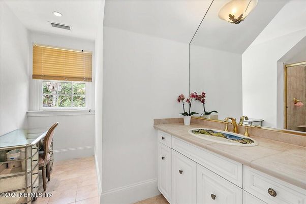 Bathroom, Dual Sink Vanities, Interior, Recessed Lighting, Tile Countertops