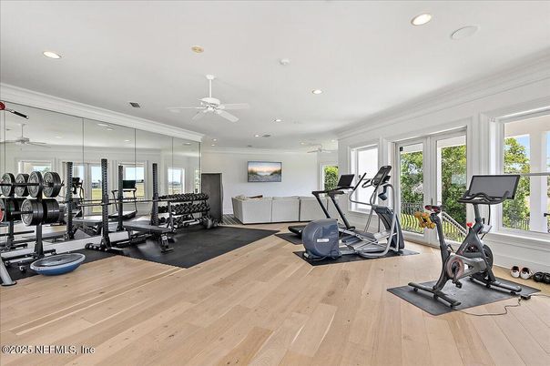 Fitness Equipment, Gym, Interior, Recessed Lighting, Wood Texture Flooring