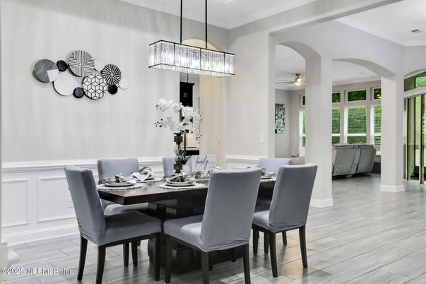 Dining room, Interior, Pendant Lights, Wood Texture Flooring