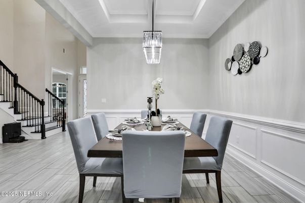 Dining room, Interior, Pendant Lights, Wood Texture Flooring