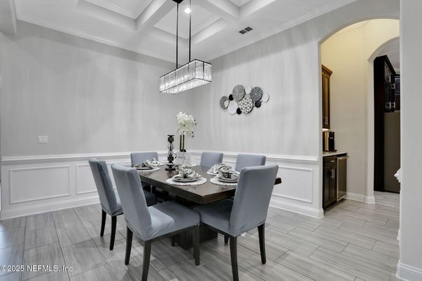 Dining room, Interior, Pendant Lights, Recessed Lighting, Wood Texture Flooring